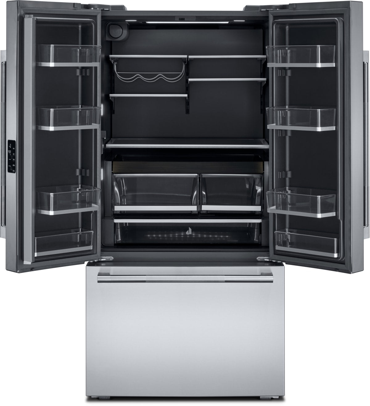 JennAir NOIR JFFCCI72SM refrigerator - doors open showing obsidian black interior