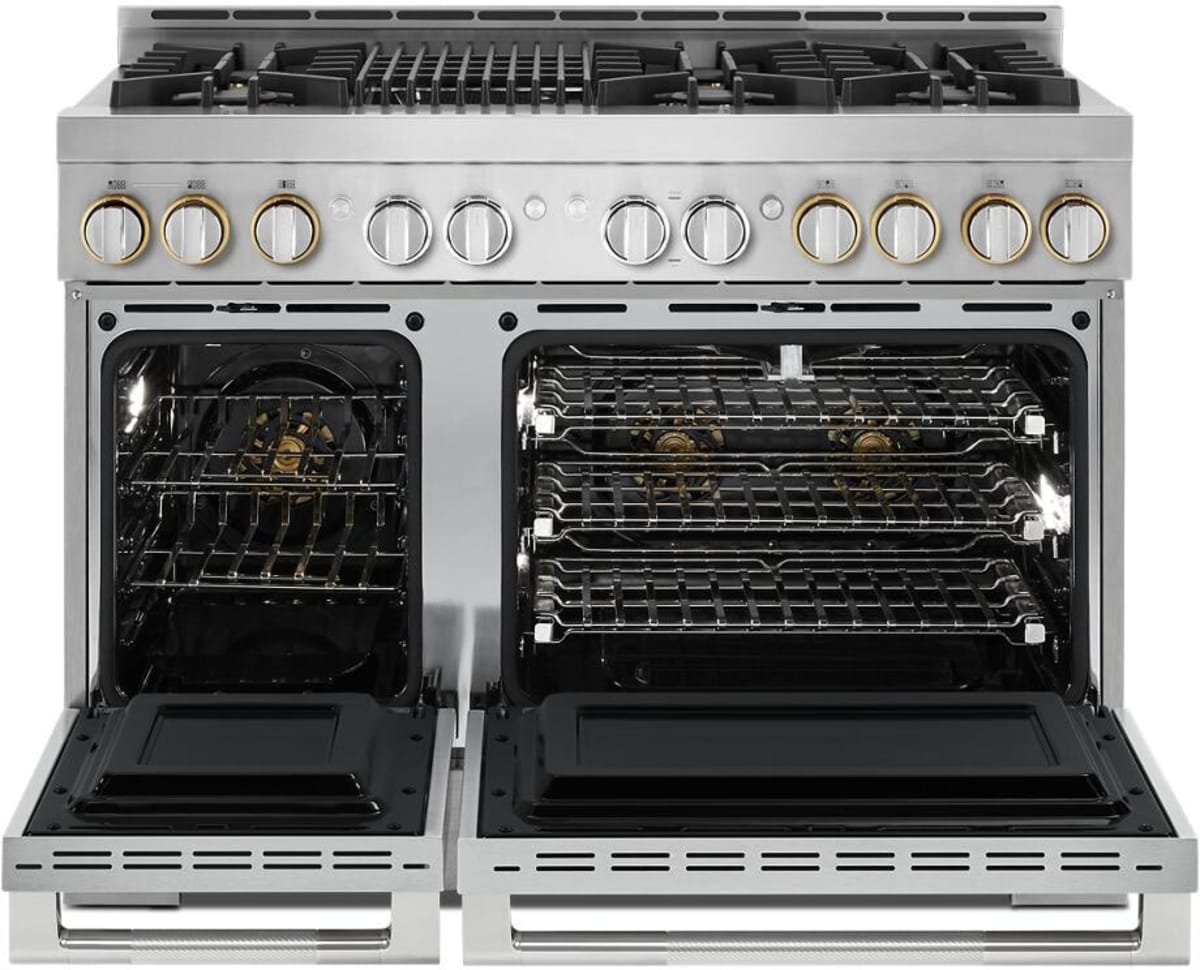 JennAir JGRP648HL 48-inch gas range with oven doors open