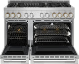 JennAir JGRP648HL 48-inch gas range with oven doors open
