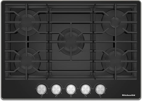 KitchenAid KCGG530PBL 30-inch black gas-on-glass cooktop, top view