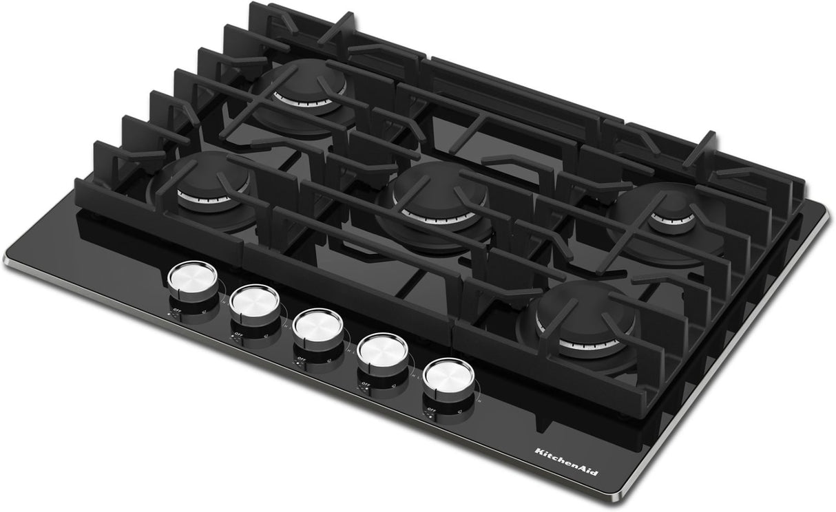 KitchenAid KCGG536PBL 36 Inch Black Glass Gas Cooktop, angled view