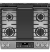 GE JGSS86SPSS - 30 in. 6.7 cu. ft. Air Fry True European Convection Double Oven Slide-In Gas Range with 5 Sealed Burners & Griddle - Stainless Steel