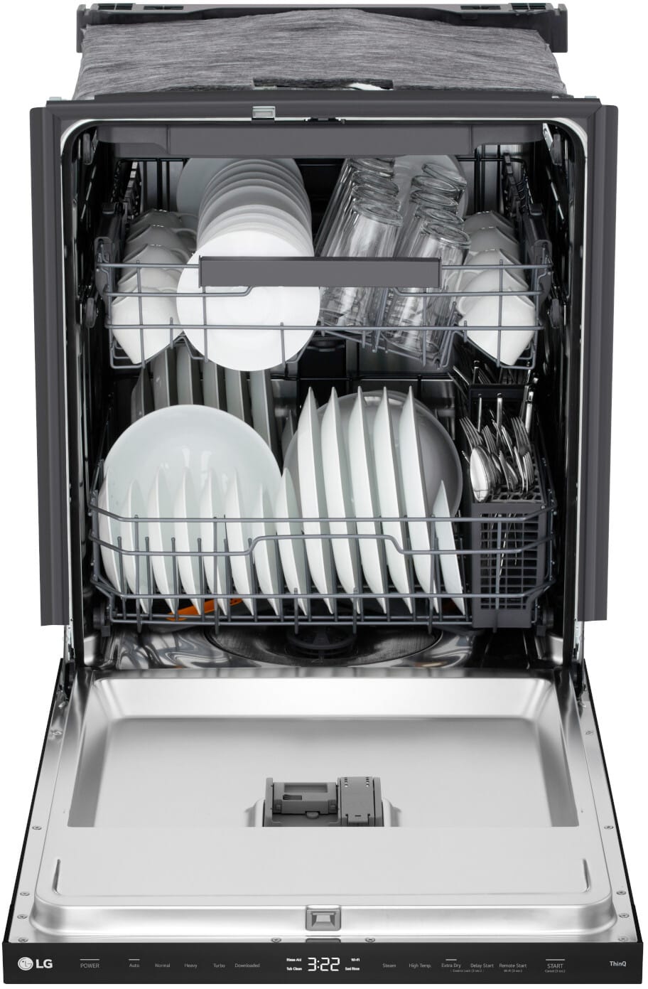LG LDNPQ445B black dishwasher door open filled