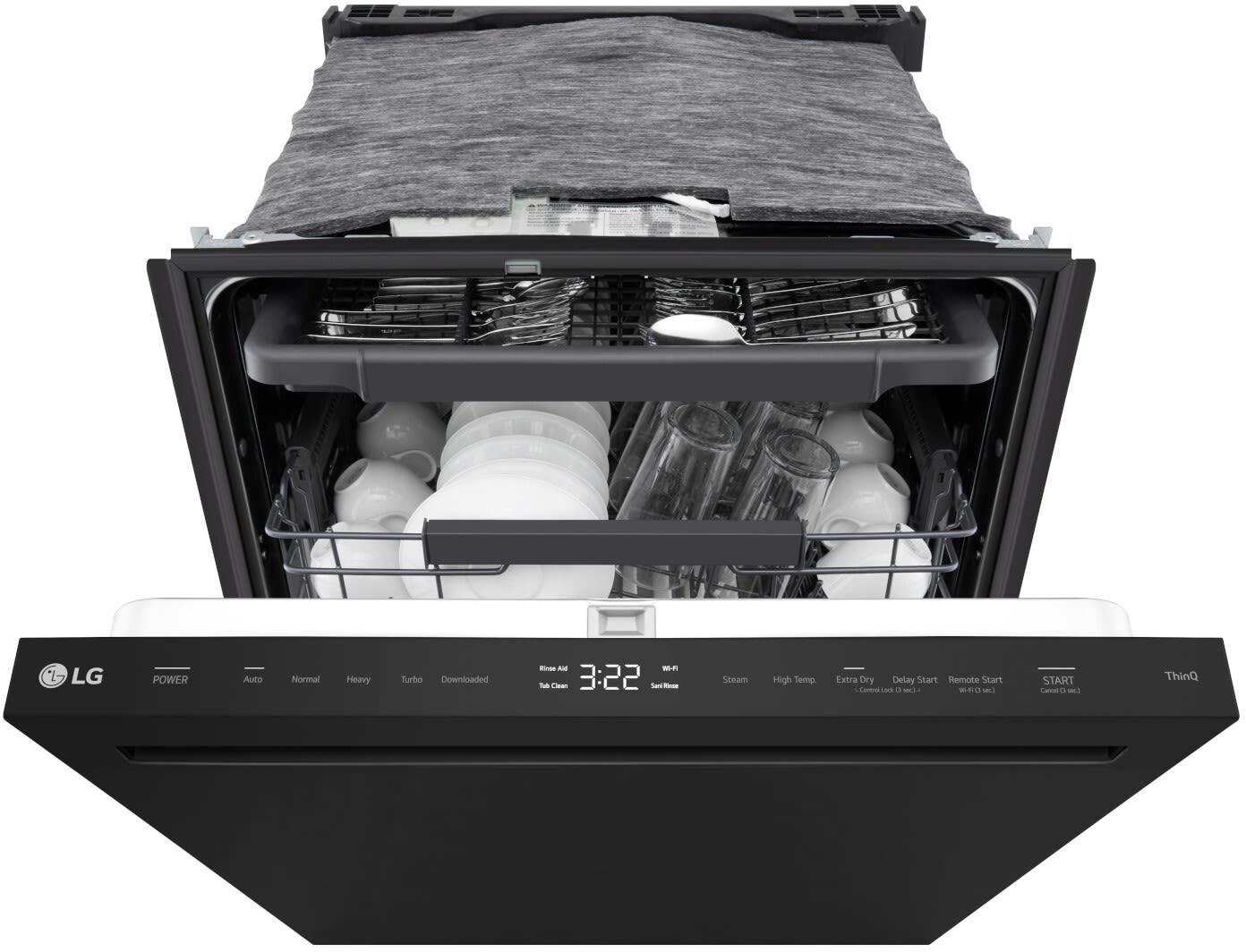 LG LDNPQ445B black dishwasher open top view filled