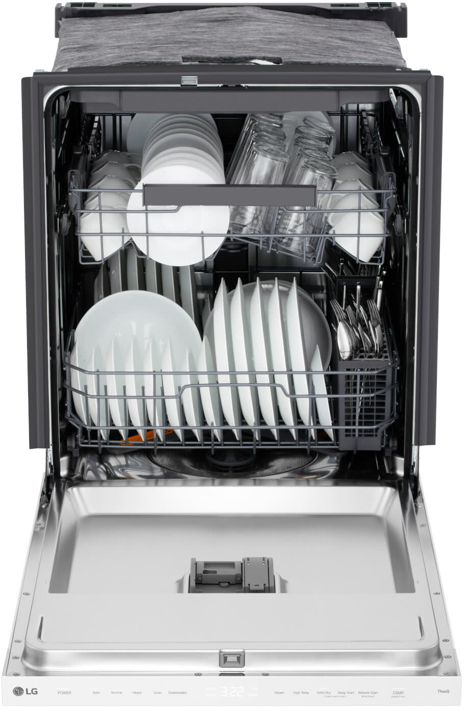 LG LDNPQ445W dishwasher open and loaded with dishes