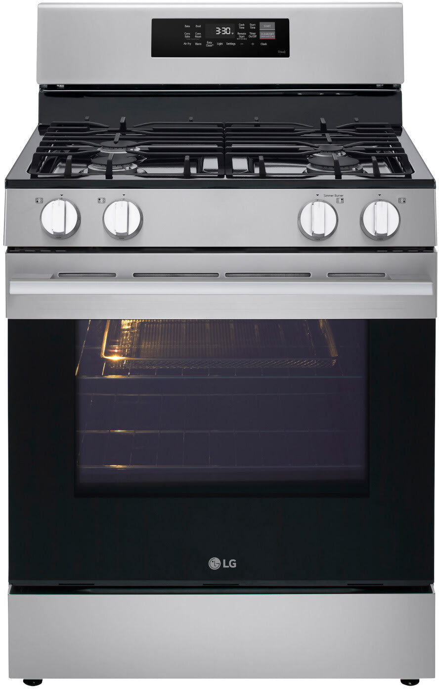LG LRGN6321Y gas range front view with cooktop lit