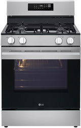 LG LRGN6321Y gas range front view with cooktop lit