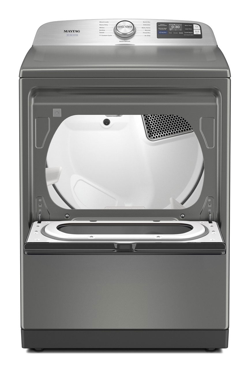 Maytag MED7205RR dryer with hamper style door open