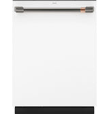Café CDT888P4VW2 Matte White dishwasher with brushed black handle hardware