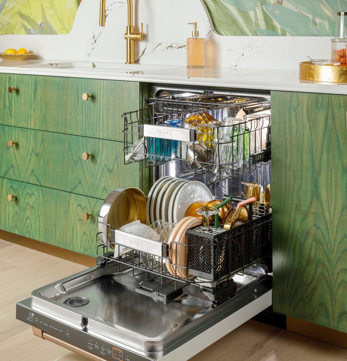 Café CDT888P4VW2 Matte White dishwasher installed in a kitchen