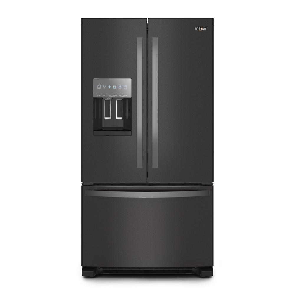 Whirlpool WRFF3436RV black stainless French door refrigerator front view