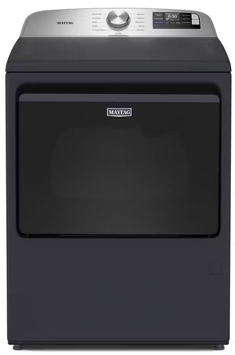Maytag MED6205RF smart electric top load dryer front view Midnight Steel