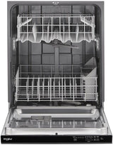 Whirlpool WDP540HAMB black dishwasher open with racks