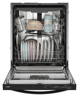 Whirlpool WDT550SAPB black dishwasher open with racks