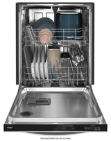 Whirlpool WDT740SALZ dishwasher open with racks