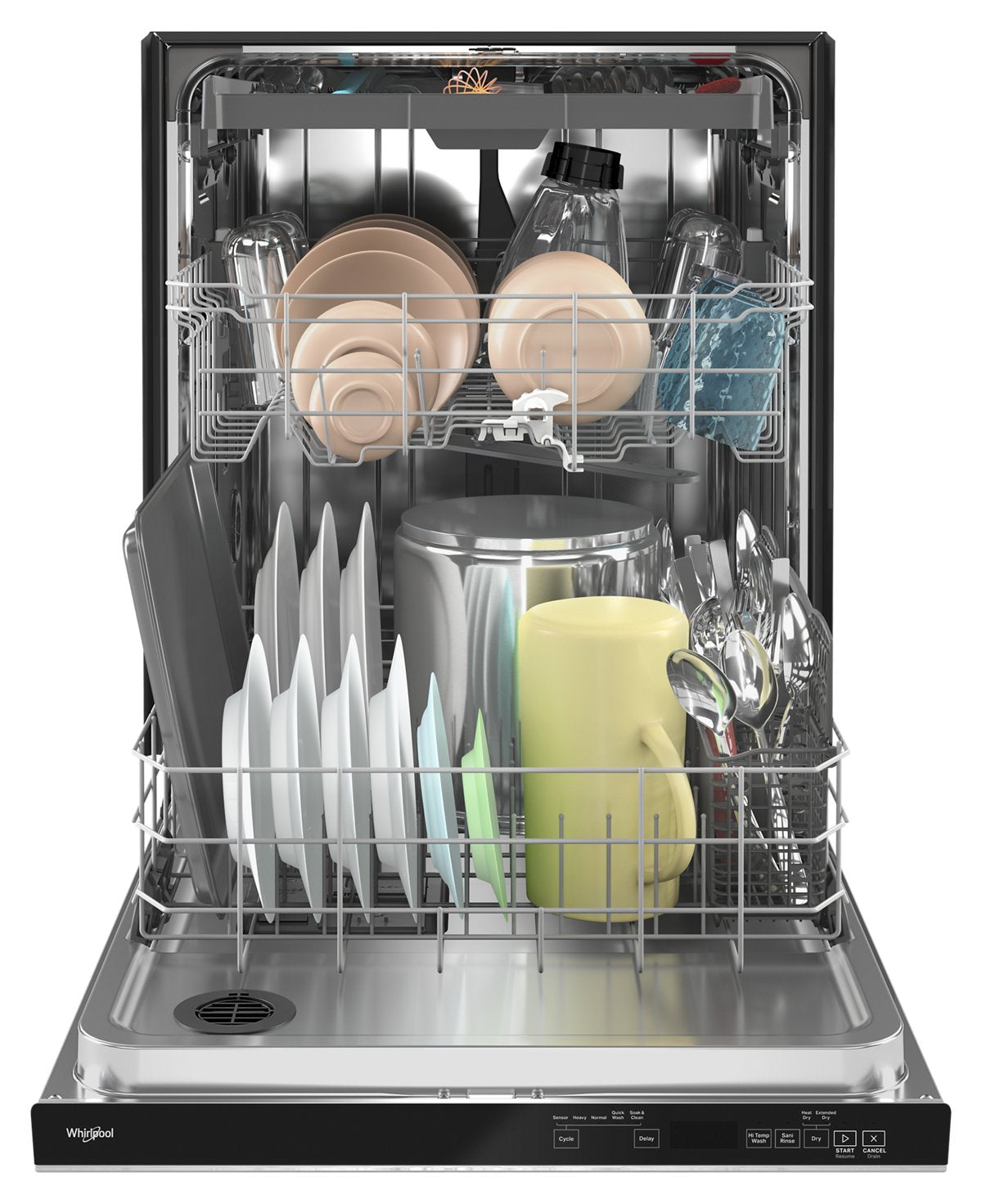 Whirlpool WDTA50SAKZ dishwasher open with racks