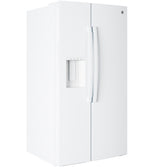 GE GSE28NGYWW refrigerator with both doors open showing shelving