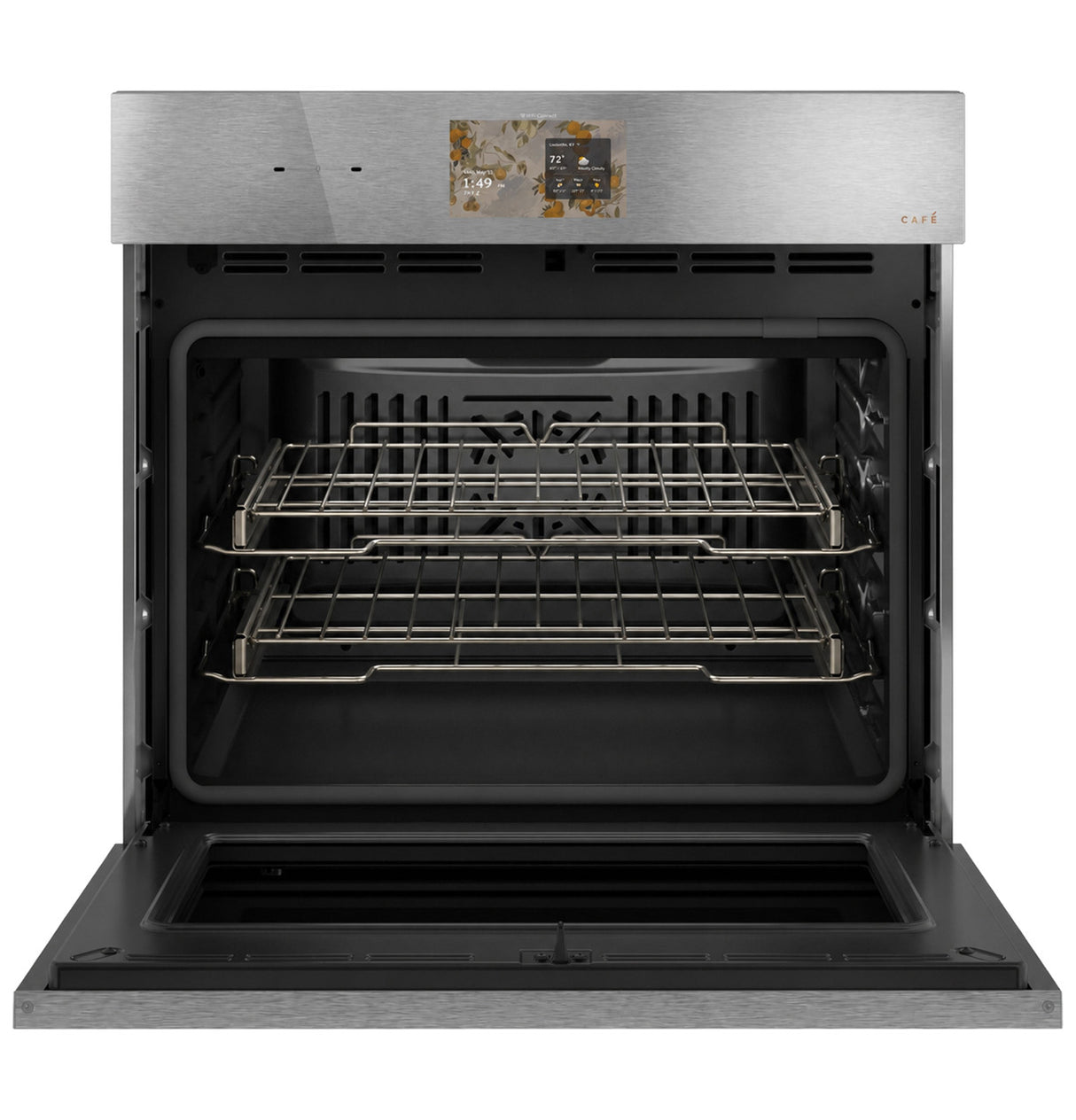 Café CTS90DM2ZS5 single wall oven front view with handleless Platinum Glass door closed