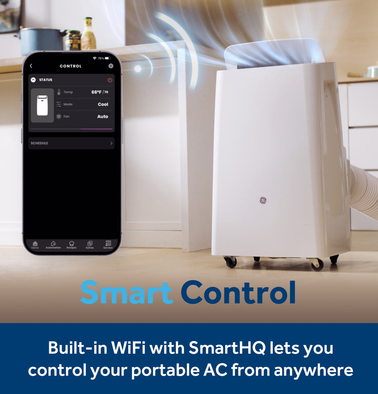 GE 8,000 BTU DOE SACC Smart Portable Air Conditioner with WiFi and Dehumidifier, Medium Rooms up to 350 sq. ft., White