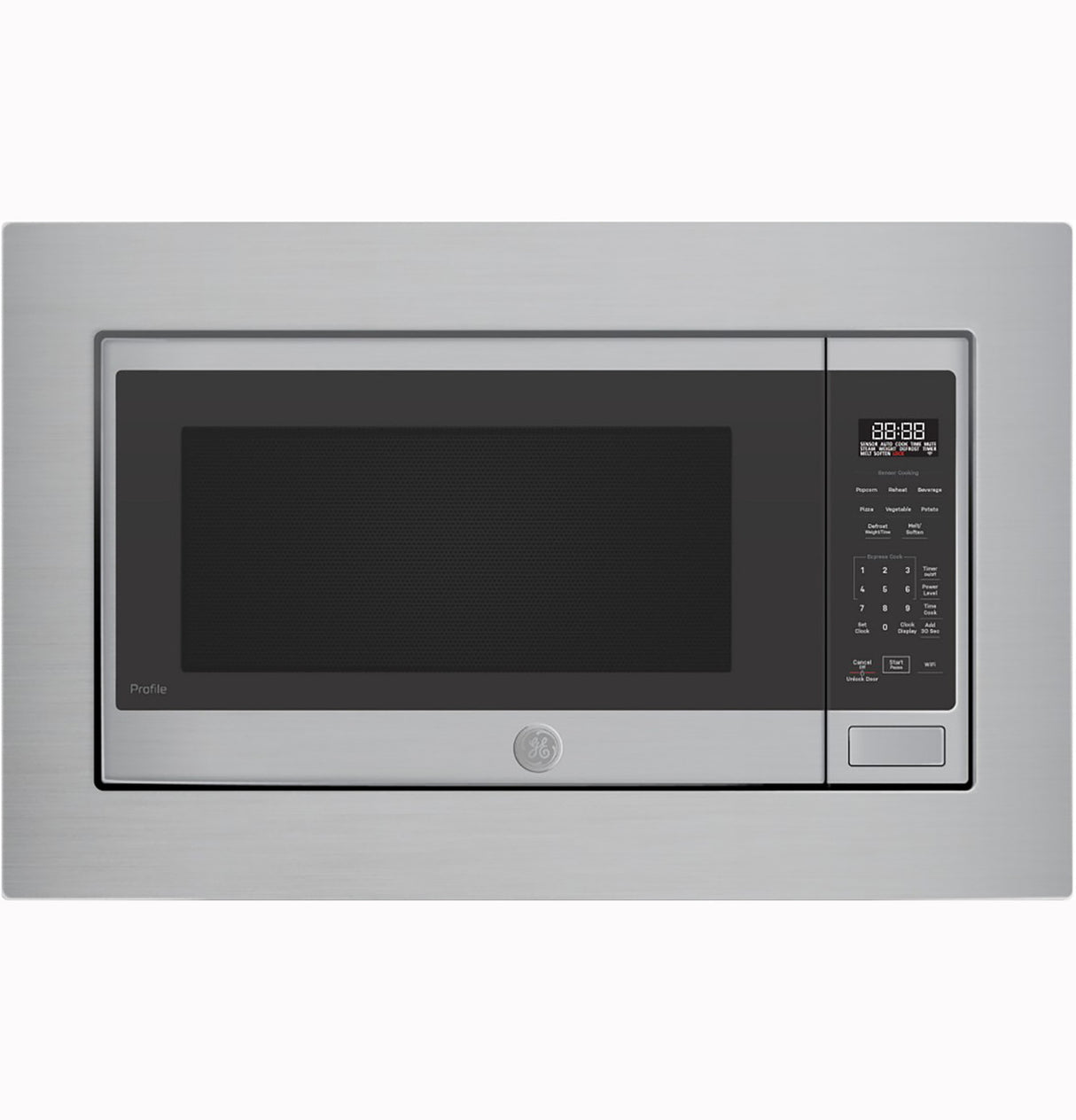 GE Profile PCWK22U1WSS microwave shown with matching built-in trim kit