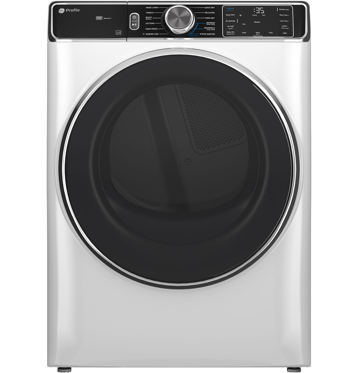 GE Profile PFD87GSSVWW gas dryer — angled view