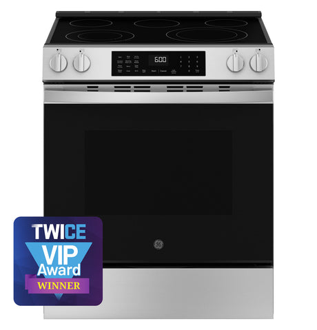 GE GRS600AVFS 30 inch slide-in electric convection range in Fingerprint Resistant Stainless - front view