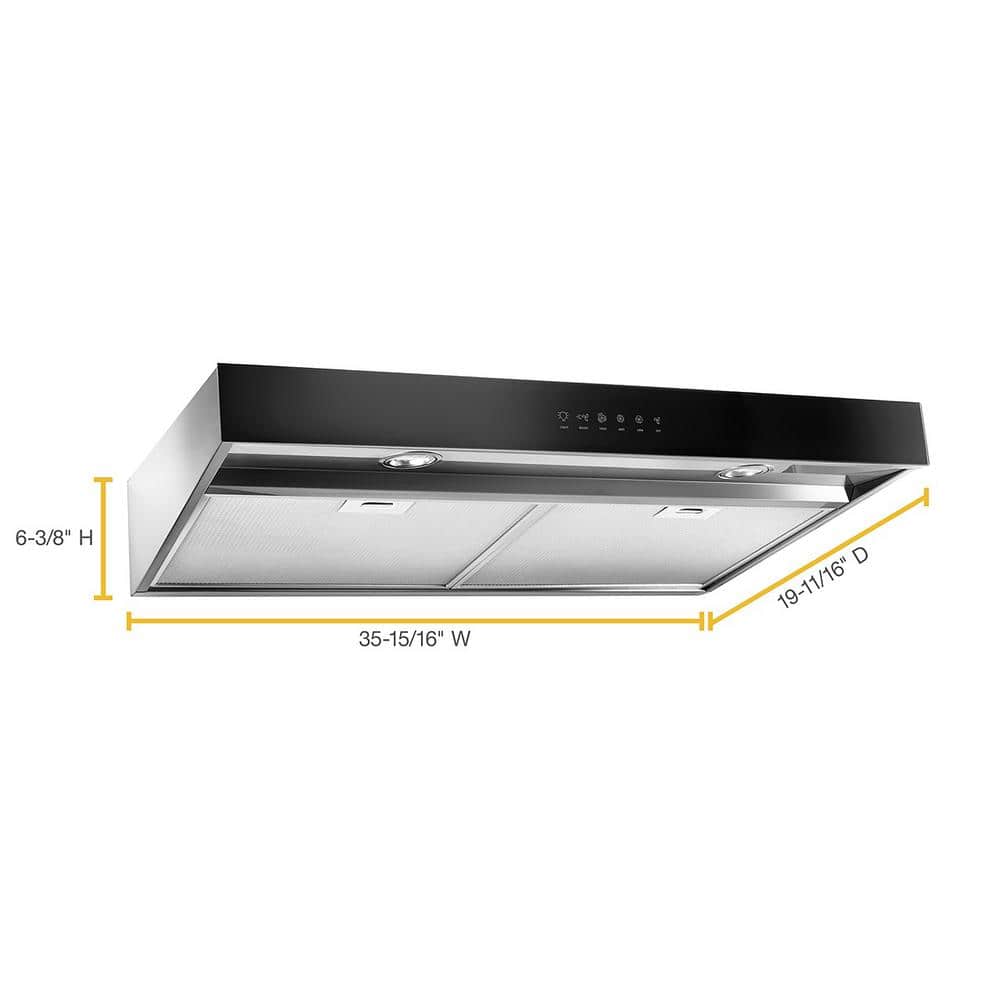 Whirlpool WVU57UC6FS stainless under-cabinet range hood installed
