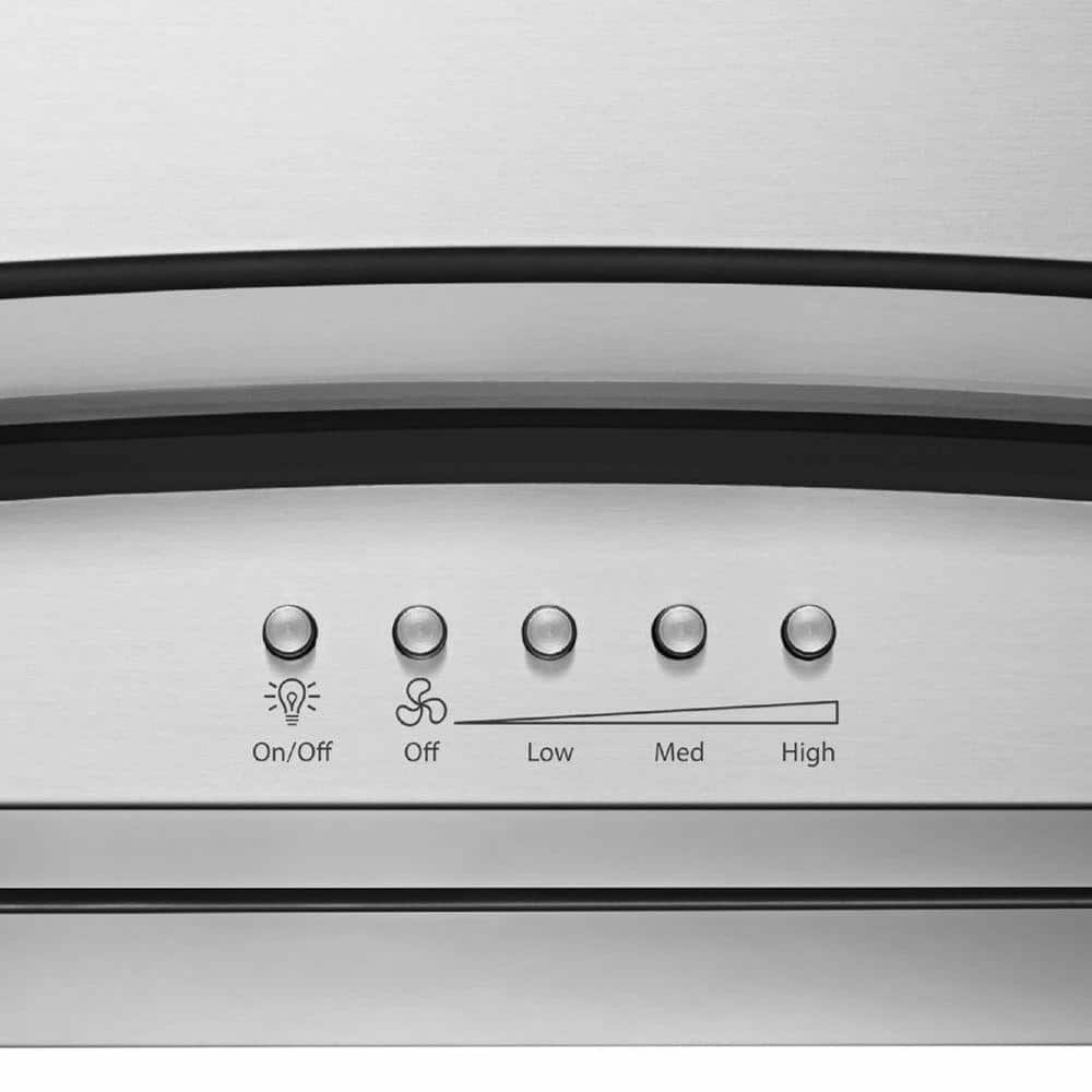 Whirlpool WVW75UC6DS stainless glass wall range hood detail