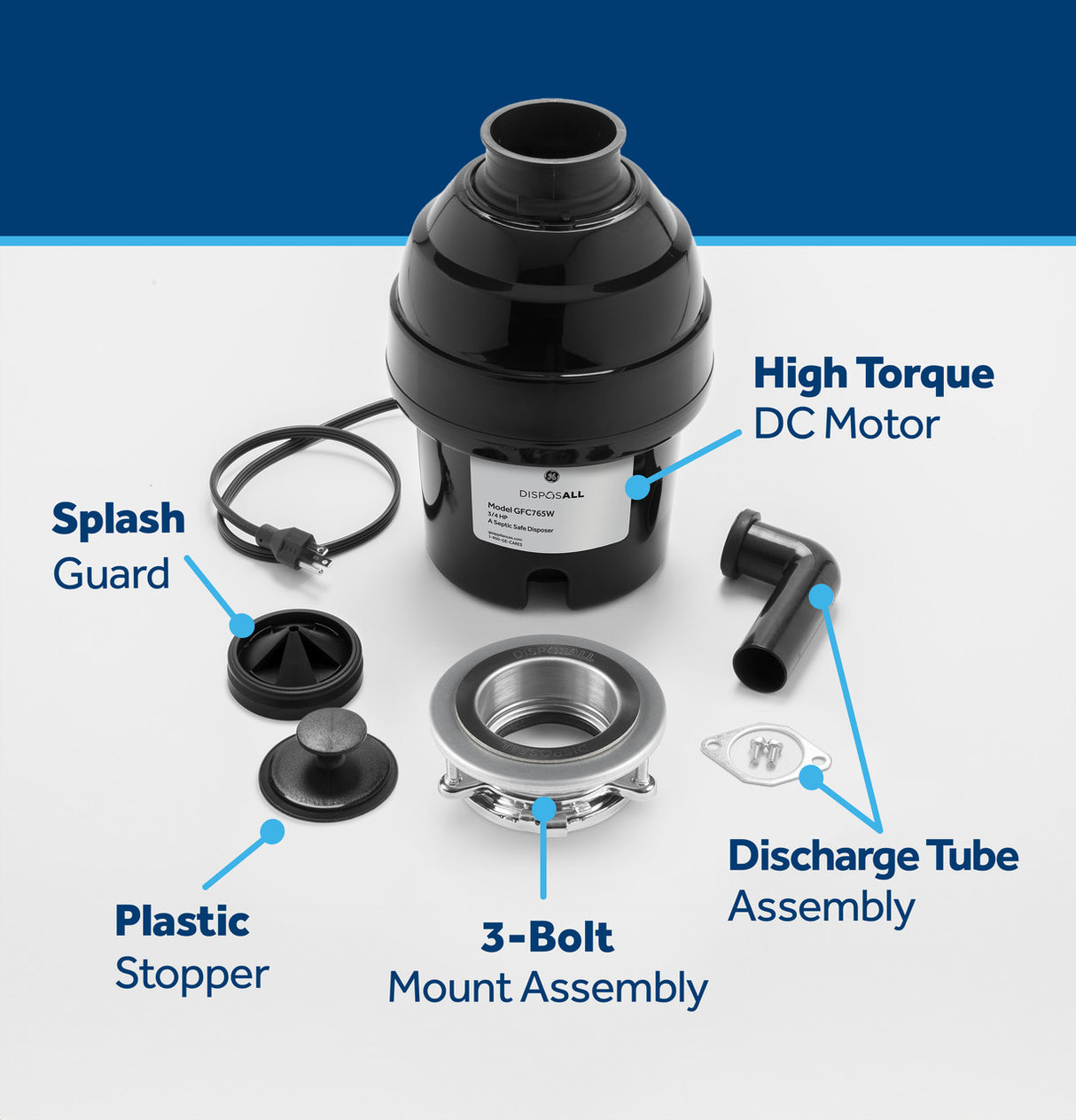 GE DISPOSALL 3/4 HP Continuous Feed Garbage Disposer with Power Cord, Stainless Steel Grind Components, 2700 RPM - Black