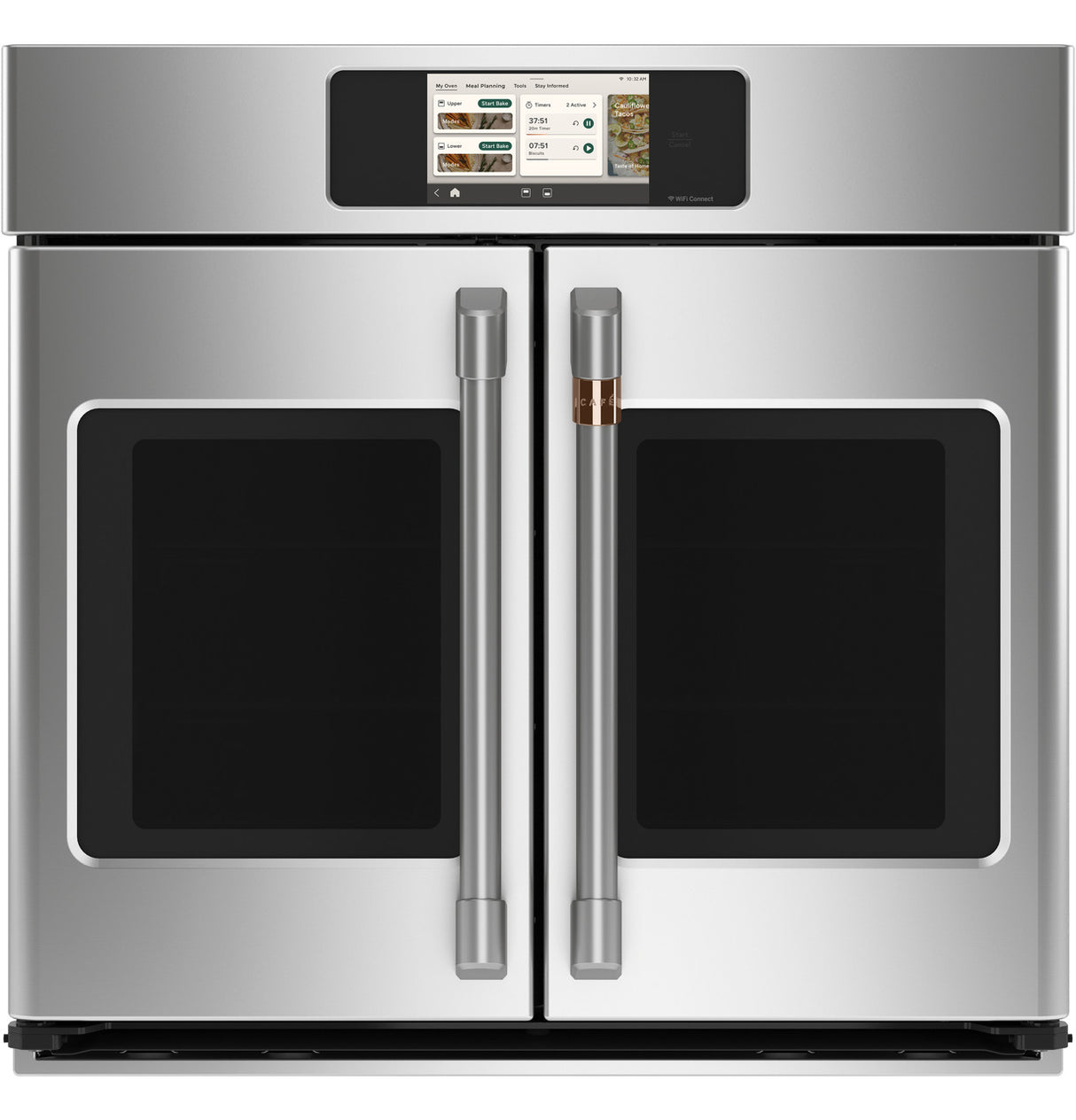 Café CTS90FP2ZS1 30 inch French-door single wall oven in stainless steel, front view