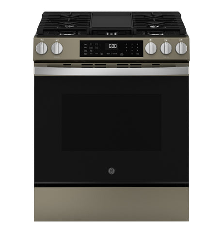 GE GGS600AVES Slate slide-in gas range front view
