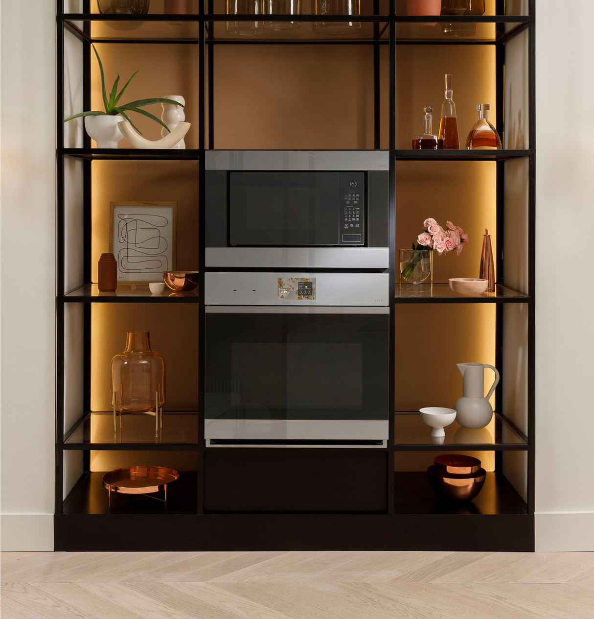 Café CTS90DM2ZS5 single wall oven in Platinum Glass installed in a modern kitchen — lifestyle view
