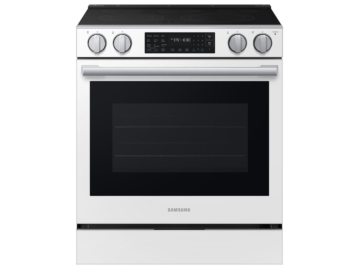 Samsung NSE80H63SW White Glass Slide-In Electric Range front view