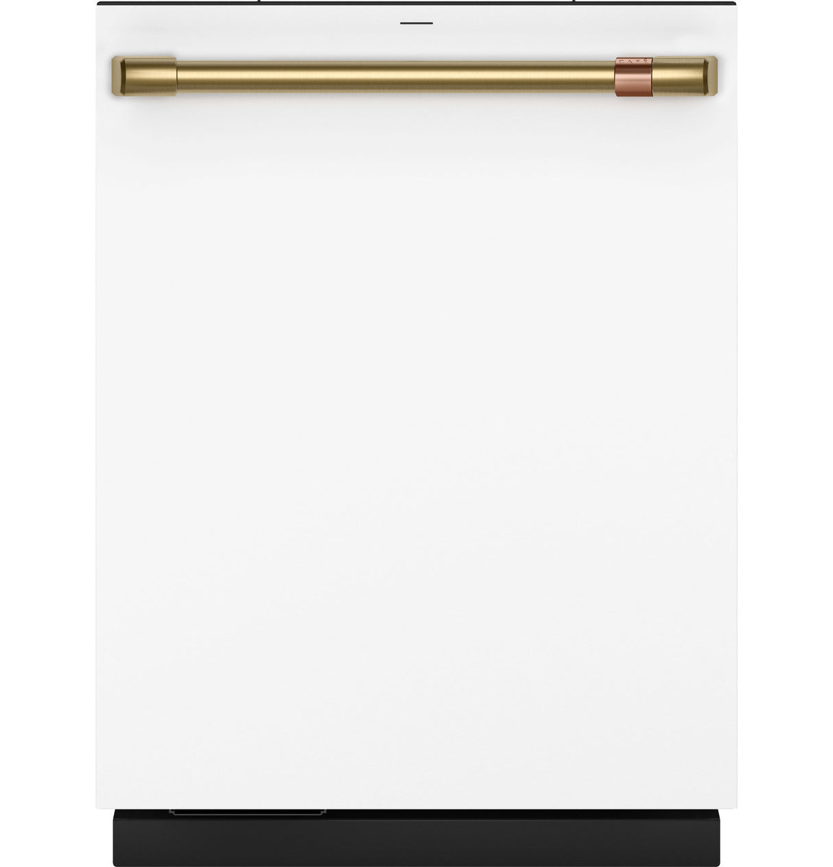 Café CDT888P4VW2 Matte White dishwasher with brushed brass handle hardware