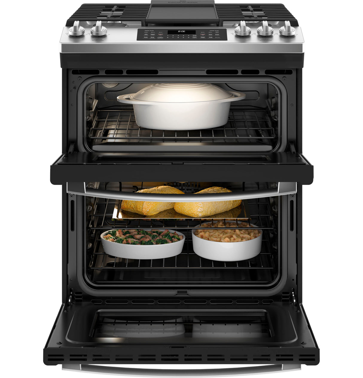 GE JGSS86SPSS - 30 in. 6.7 cu. ft. Air Fry True European Convection Double Oven Slide-In Gas Range with 5 Sealed Burners & Griddle - Stainless Steel