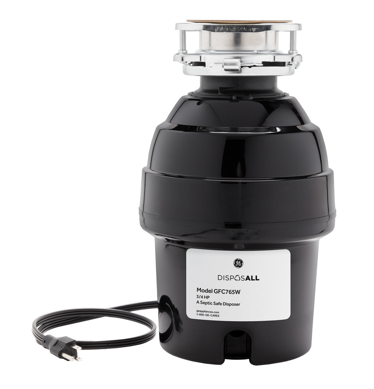 GE DISPOSALL 3/4 HP Continuous Feed Garbage Disposer with Power Cord, Stainless Steel Grind Components, 2700 RPM - Black