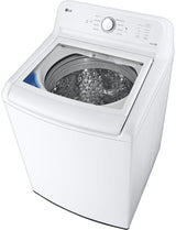LG WT6100CW top load washer with lid open showing impeller drum