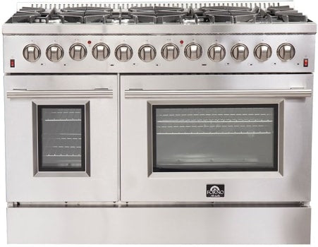 Forno Galiano FFSGS615648 48 Inch Freestanding Dual Fuel Range with 8 Sealed Burners, 6.58 cu. ft. Total Capacity, Continuous Cast Iron Grates, Griddle, and LP Conversion Kit Included: Stainless Steel
