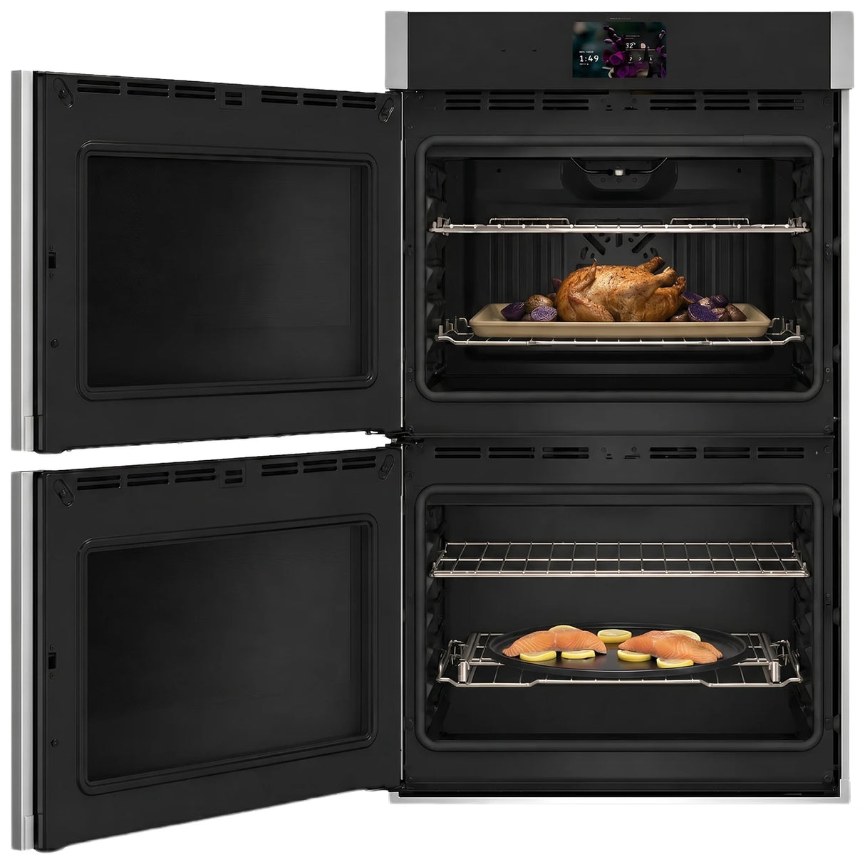 GE Profile PTD700LSZSS double wall oven with left-hand side-swing doors open